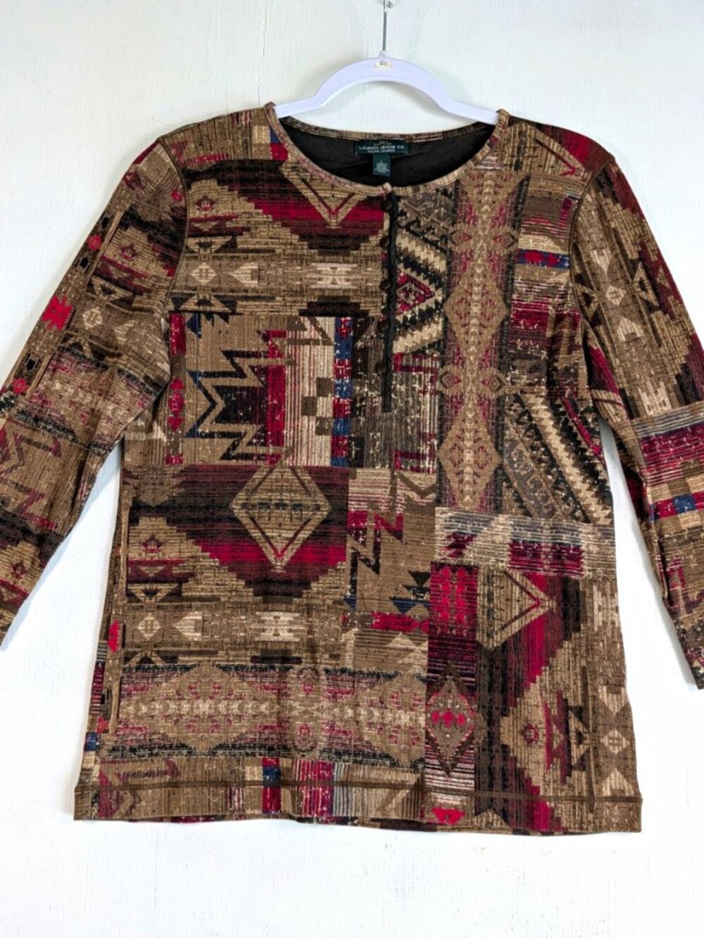 Vintage Ralph Lauren Jeans Co Southwestern Aztec Henley Top 3/4 Sleeve Womens L